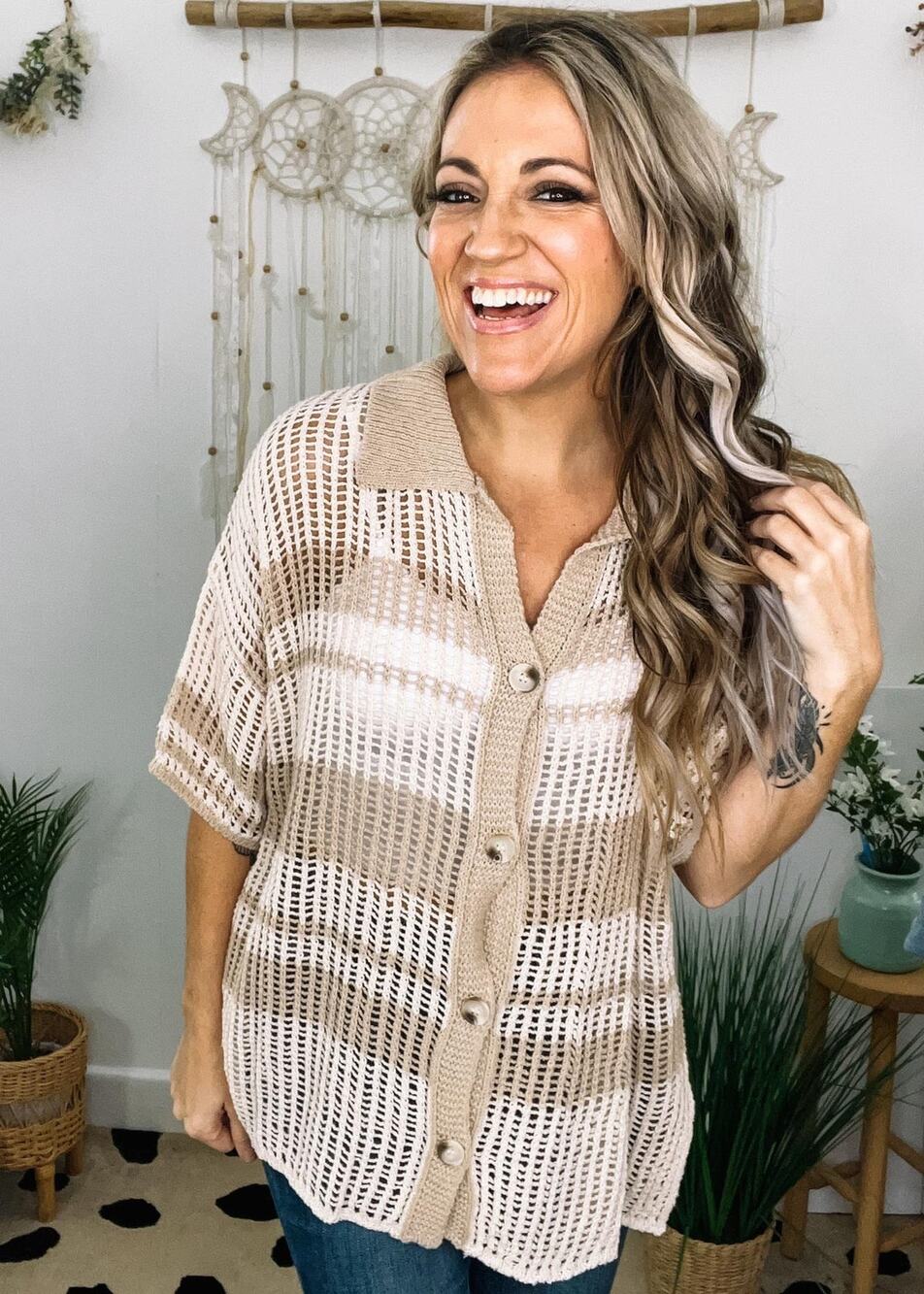 Gilli Women's Striped Beige Crochet Knit Cardigan L Boho Beachy Summer Coastal